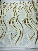 Sequins Fabric - Two Tone White / Matte Gold Wavy Lines Geometric Design 4 Way Stretch Sold By Yard