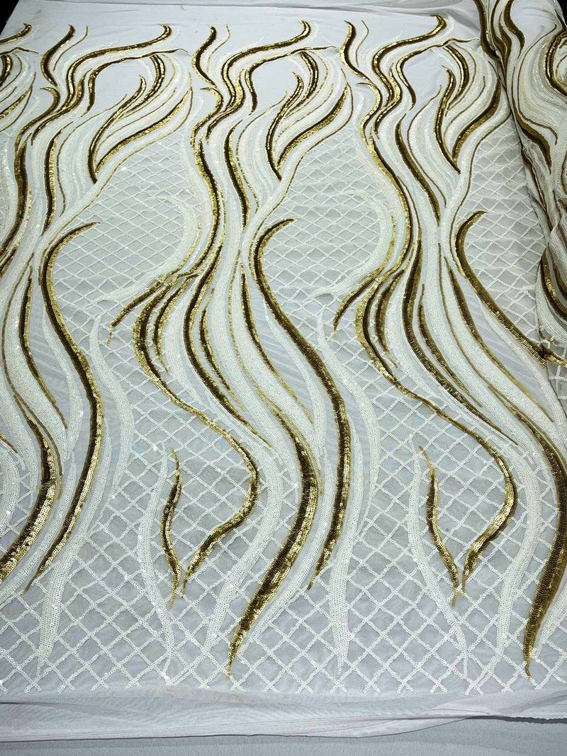 Sequins Fabric - Two Tone White / Matte Gold Wavy Lines Geometric Design 4 Way Stretch Sold By Yard