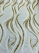 Sequins Fabric - Two Tone White / Matte Gold Wavy Lines Geometric Design 4 Way Stretch Sold By Yard