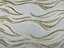 Sequins Fabric - Two Tone White / Matte Gold Wavy Lines Geometric Design 4 Way Stretch Sold By Yard