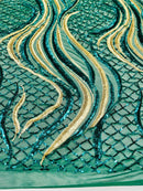 Sequins Fabric - Two Tone Hunter Green/ Matte Gold - Wavy Lines Geometric Design 4 Way Stretch Sold By Yard
