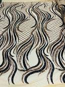 Sequins Fabric - Two Tone Rose Gold / Black - Wavy Lines Geometric Design 4 Way Stretch Sold By Yard