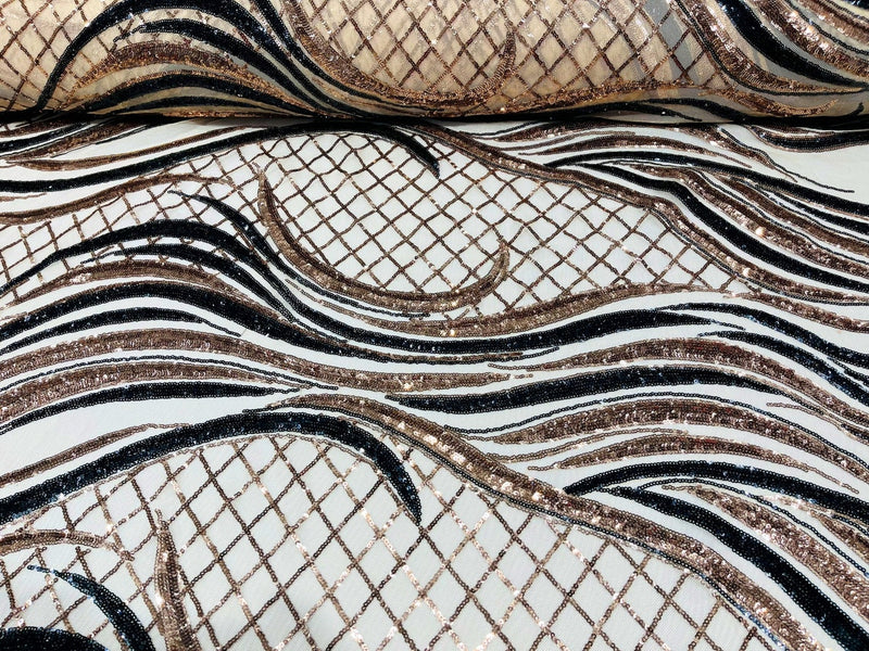 Sequins Fabric - Two Tone Rose Gold / Black - Wavy Lines Geometric Design 4 Way Stretch Sold By Yard