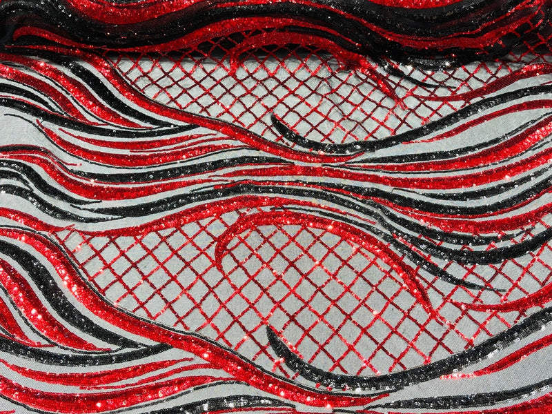 Sequins Fabric - Two Tone Red / Black - Wavy Lines Geometric Design 4 Way Stretch Sold By Yard
