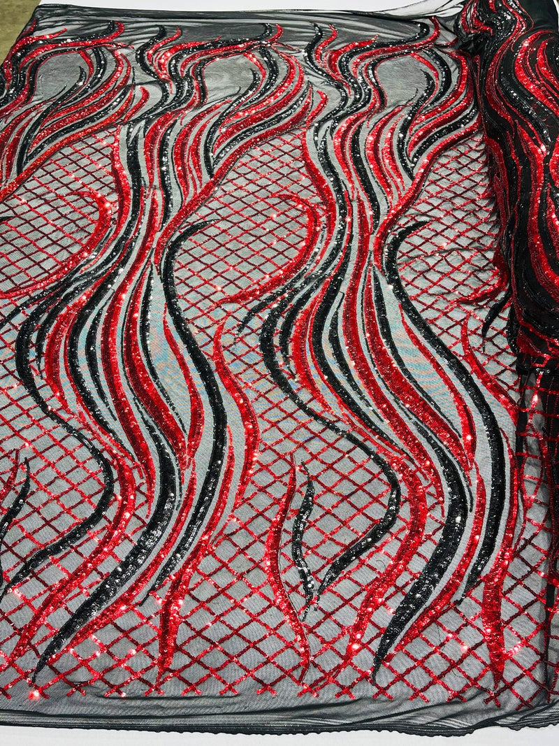 Sequins Fabric - Two Tone Red / Black - Wavy Lines Geometric Design 4 Way Stretch Sold By Yard