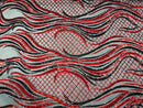 Sequins Fabric - Two Tone Red / Black - Wavy Lines Geometric Design 4 Way Stretch Sold By Yard