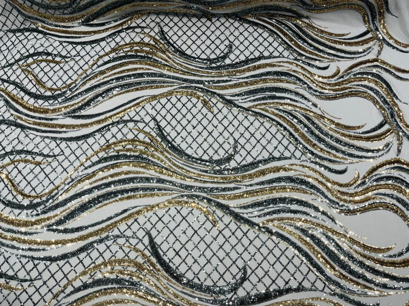 Sequins Fabric - Two Tone Silver / Gold Wavy Lines Geometric Design 4 Way Stretch Sold By Yard