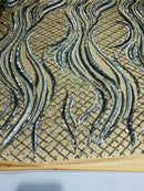 Sequins Fabric - Two Tone Silver Wavy Lines Geometric Design 4 Way Stretch Sold By Yard