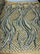 Sequins Fabric - Two Tone Silver Wavy Lines Geometric Design 4 Way Stretch Sold By Yard