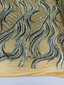 Sequins Fabric - Two Tone Silver Wavy Lines Geometric Design 4 Way Stretch Sold By Yard