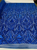 Sequins Fabric - Royal Blue - Geometric Pattern Design 4 Way Stretch Sold By Yard
