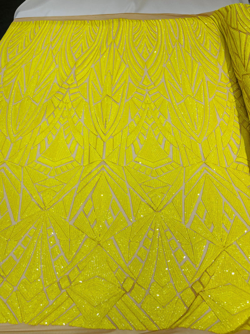 Sequins Fabric - Yellow - Geometric Pattern Design 4 Way Stretch Sold By Yard