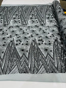 Geometric Fabric - Charcoal - Sequins Triangle Pattern Design 4 Way Stretch Sold By Yard