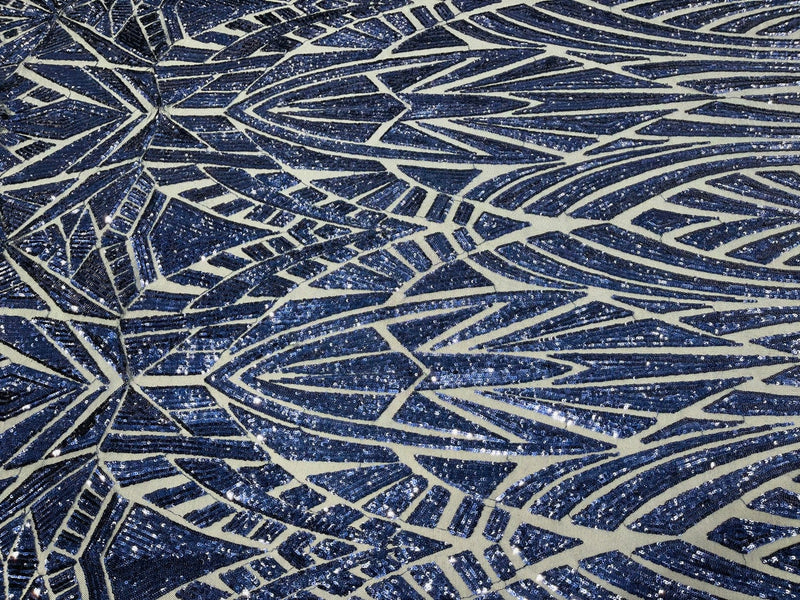 Sequins Fabric - Navy Blue - Geometric Pattern Design 4 Way Stretch Sold By Yard