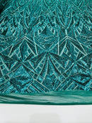 Sequins Fabric - Hunter Green - Geometric Pattern Design 4 Way Stretch Sold By Yard