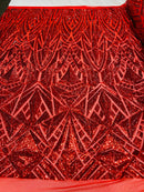 Sequins Fabric - Red - Geometric Pattern Design 4 Way Stretch Sold By Yard