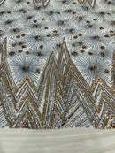 Geometric Fabric - Silver/ Gold - Sequins Triangle Pattern Design 4 Way Stretch Sold By Yard