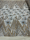 Geometric Fabric - Silver/ Gold - Sequins Triangle Pattern Design 4 Way Stretch Sold By Yard