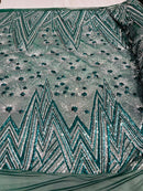 Geometric Fabric - Hunter Green / Silver - Sequins Triangle Pattern Design 4 Way Stretch Sold By Yard