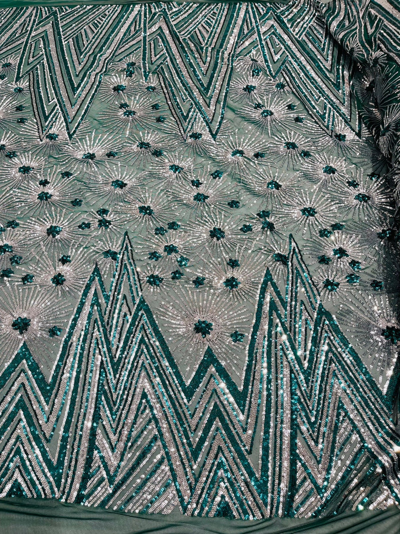 Geometric Fabric - Hunter Green / Silver - Sequins Triangle Pattern Design 4 Way Stretch Sold By Yard
