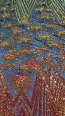 Geometric Fabric - Iridescent Orange - Sequins Triangle Pattern Design 4 Way Stretch Sold By Yard