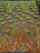 Geometric Fabric - Iridescent Orange - Sequins Triangle Pattern Design 4 Way Stretch Sold By Yard