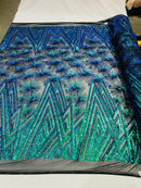 Geometric Fabric -  Iridescent Green - Sequins Triangle Pattern Design 4 Way Stretch Sold By Yard