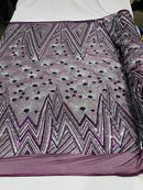 Geometric Fabric - Purple/ Silver - Sequins Triangle Pattern Design 4 Way Stretch Sold By Yard