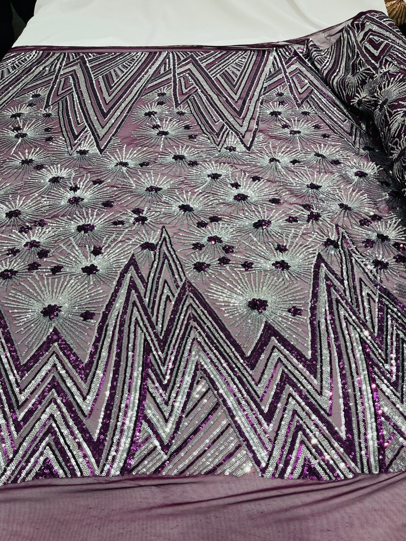 Geometric Fabric - Purple/ Silver - Sequins Triangle Pattern Design 4 Way Stretch Sold By Yard