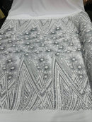 Geometric Fabric - Silver/ White - Sequins Triangle Pattern Design 4 Way Stretch Sold By Yard