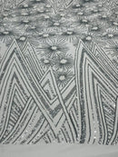 Geometric Fabric - Silver/ White - Sequins Triangle Pattern Design 4 Way Stretch Sold By Yard