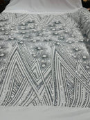 Geometric Fabric - Silver/ White - Sequins Triangle Pattern Design 4 Way Stretch Sold By Yard