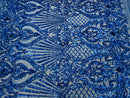 Damask Geometric Sequins - Royal Blue - 4 Way Stretch Sequins Design Sold By Yard