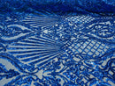 Damask Geometric Sequins - Royal Blue - 4 Way Stretch Sequins Design Sold By Yard