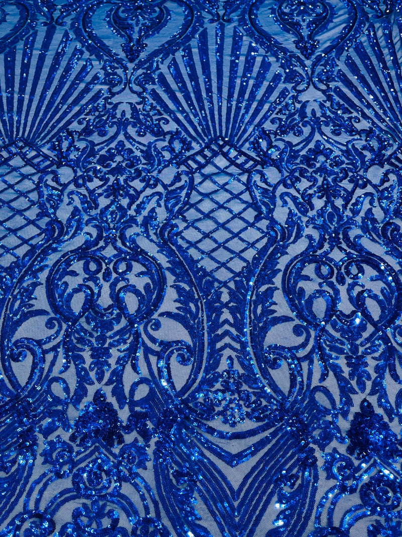 Damask Geometric Sequins - Royal Blue - 4 Way Stretch Sequins Design Sold By Yard