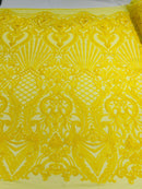 Damask Geometric Sequins - Yellow - 4 Way Stretch Sequins Design Sold By Yard