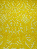 Damask Geometric Sequins - Yellow - 4 Way Stretch Sequins Design Sold By Yard