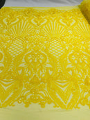 Damask Geometric Sequins - Yellow - 4 Way Stretch Sequins Design Sold By Yard