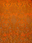 Damask Geometric Sequins - Orange - 4 Way Stretch Sequins Design Sold By Yard