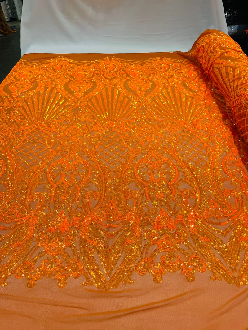 Damask Geometric Sequins - Orange - 4 Way Stretch Sequins Design Sold By Yard