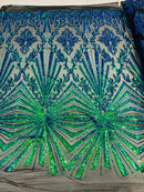 Geometric Sequins - Iridescent Green - Triangular Pattern Design 4 Way Stretch Sold By Yard