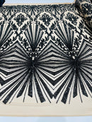 Geometric Sequins - Black Nude Mesh - Triangular Pattern Design 4 Way Stretch Sold By Yard