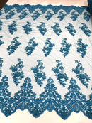 Floral Cluster Beaded Fabric - Turquoise - Embroidered Flower Beaded Fabric Sold By The Yard