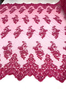 Floral Cluster Beaded Fabric - Fuchsia - Embroidered Flower Beaded Fabric Sold By The Yard