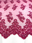 Floral Cluster Beaded Fabric - Fuchsia - Embroidered Flower Beaded Fabric Sold By The Yard