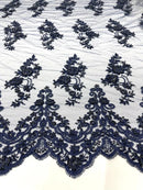 Floral Cluster Beaded Fabric - Navy Blue - Embroidered Flower Beaded Fabric Sold By The Yard