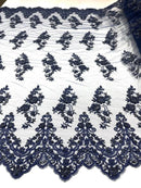 Floral Cluster Beaded Fabric - Navy Blue - Embroidered Flower Beaded Fabric Sold By The Yard
