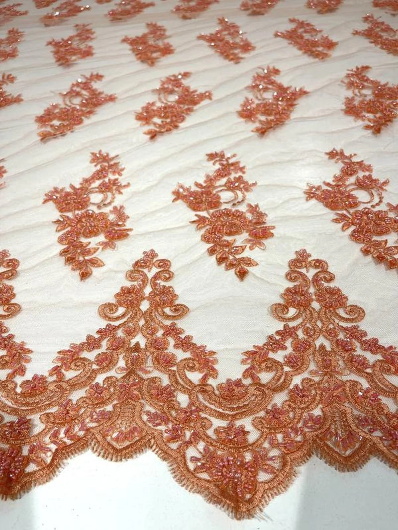 Floral Cluster Beaded Fabric - Peach - Embroidered Flower Beaded Fabric Sold By The Yard