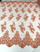 Floral Cluster Beaded Fabric - Peach - Embroidered Flower Beaded Fabric Sold By The Yard