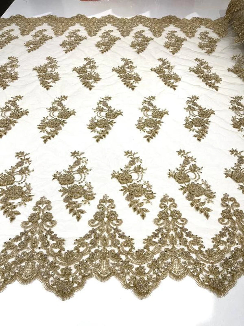 Floral Cluster Beaded Fabric - Gold - Embroidered Flower Beaded Fabric Sold By The Yard